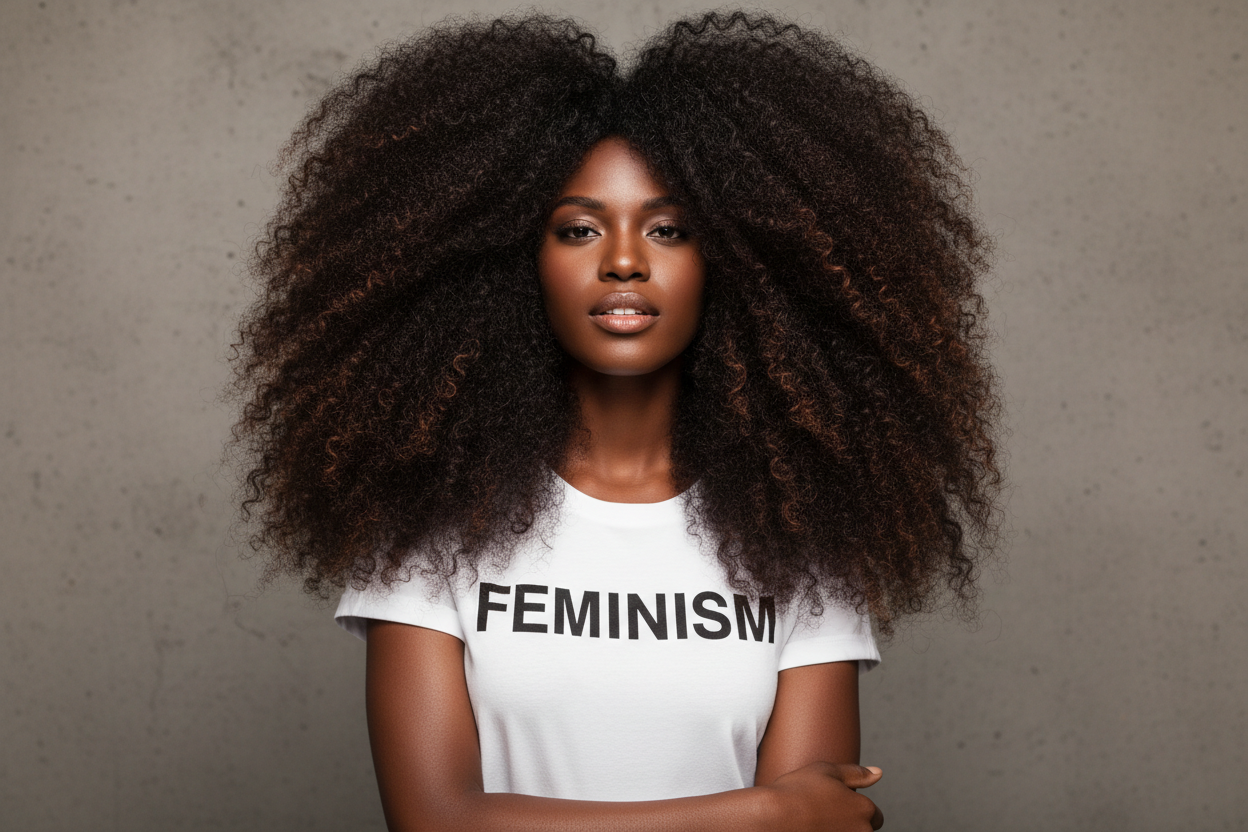 A Black Woman with a super long, beautiful afro in a Powerful Image with a white shirt that says "FEMINISM" she is doing a photoshoot 